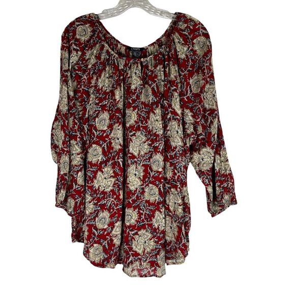 Chaps Blouse Womens Red Blue Tan Floral 3/4 Elastic Sleeves Keyhole Boho Peasant - Picture 1 of 10
